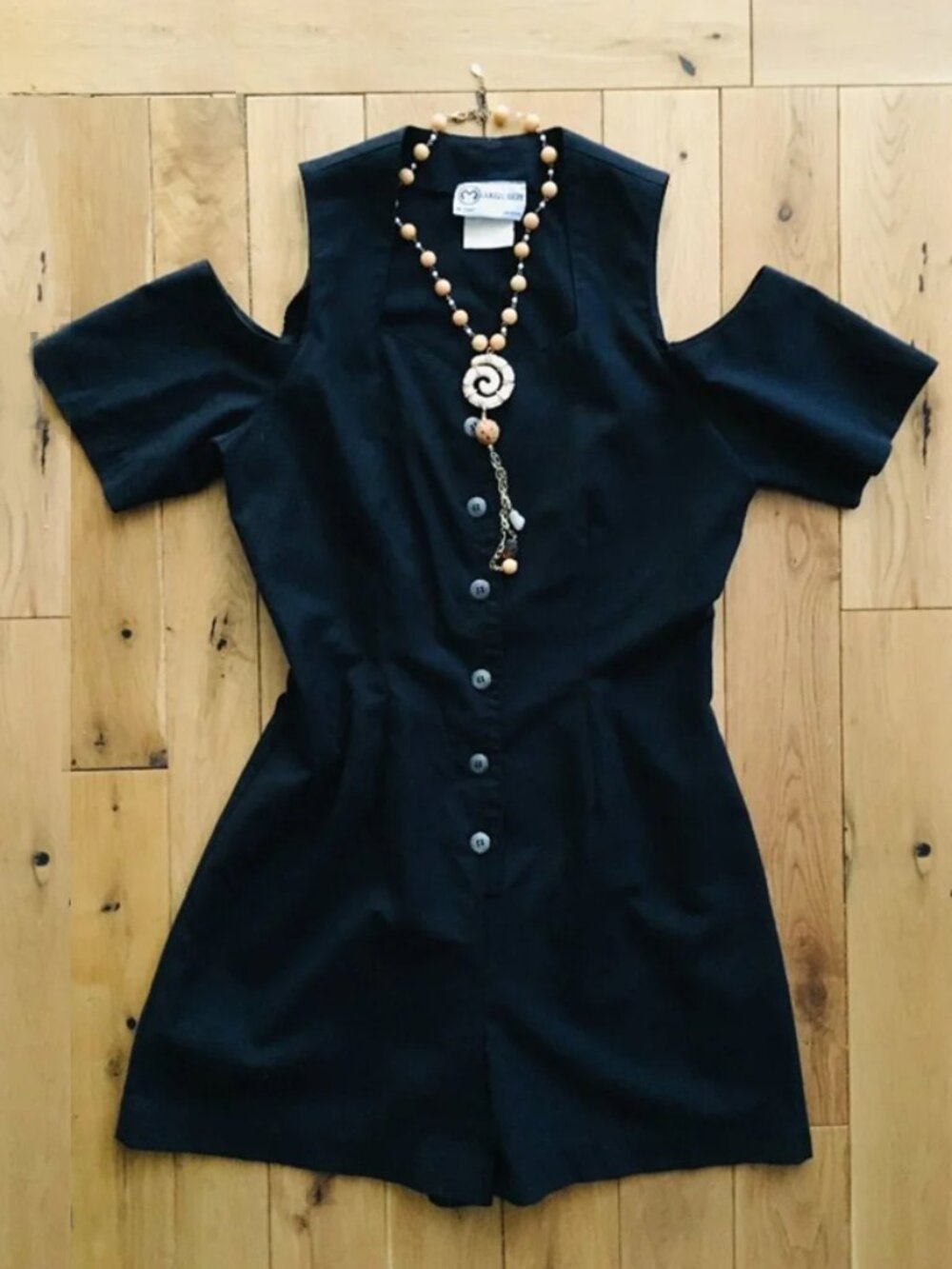 Vintage 90s 'I saw The Sign' M Collection Black Cold Shoulder Button Up Romper